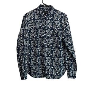 J Crew Shirt Womens 8 Navy Blue Deer Print Forest Buttons Blouse Top Cotton